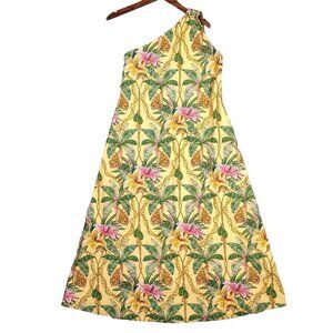 Farm Rio Maxi Dress Womens Small Yellow Petals Tropical Linen Blend One Shoulder